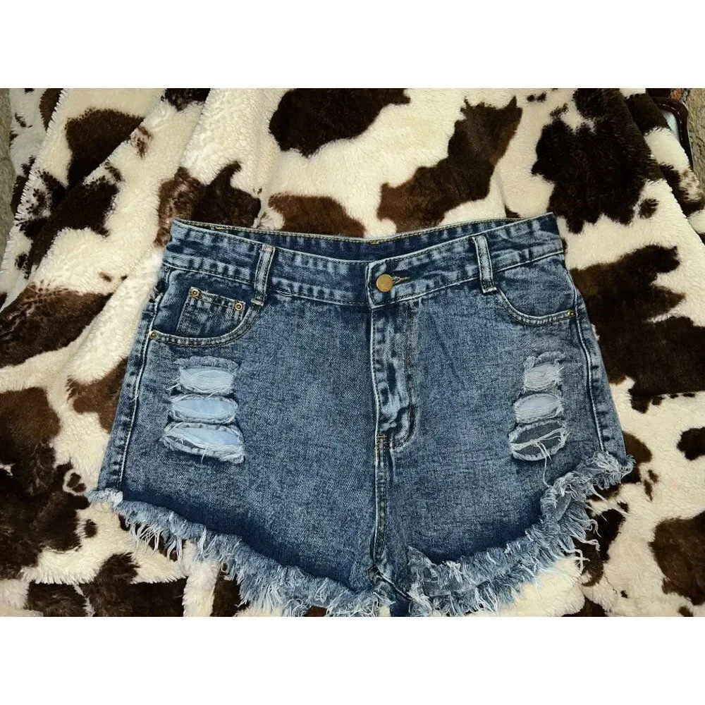 Womens Denim Shorts Frayed Distressed Denim Shorts (XL)